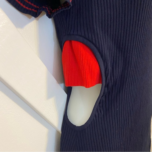 Parker Ruthie Rib Knit Short Sleeve Striped Side Cutout Mini Dress Navy Sz M - Picture 6 of 12